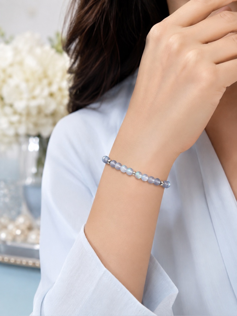 Blue Iridescent Bead Stretch Bracelet - Women Jewelry